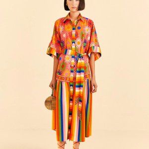 NWT FARM Rio Coral Mixed Graphic Macaws Midi Dress 100% Cotton